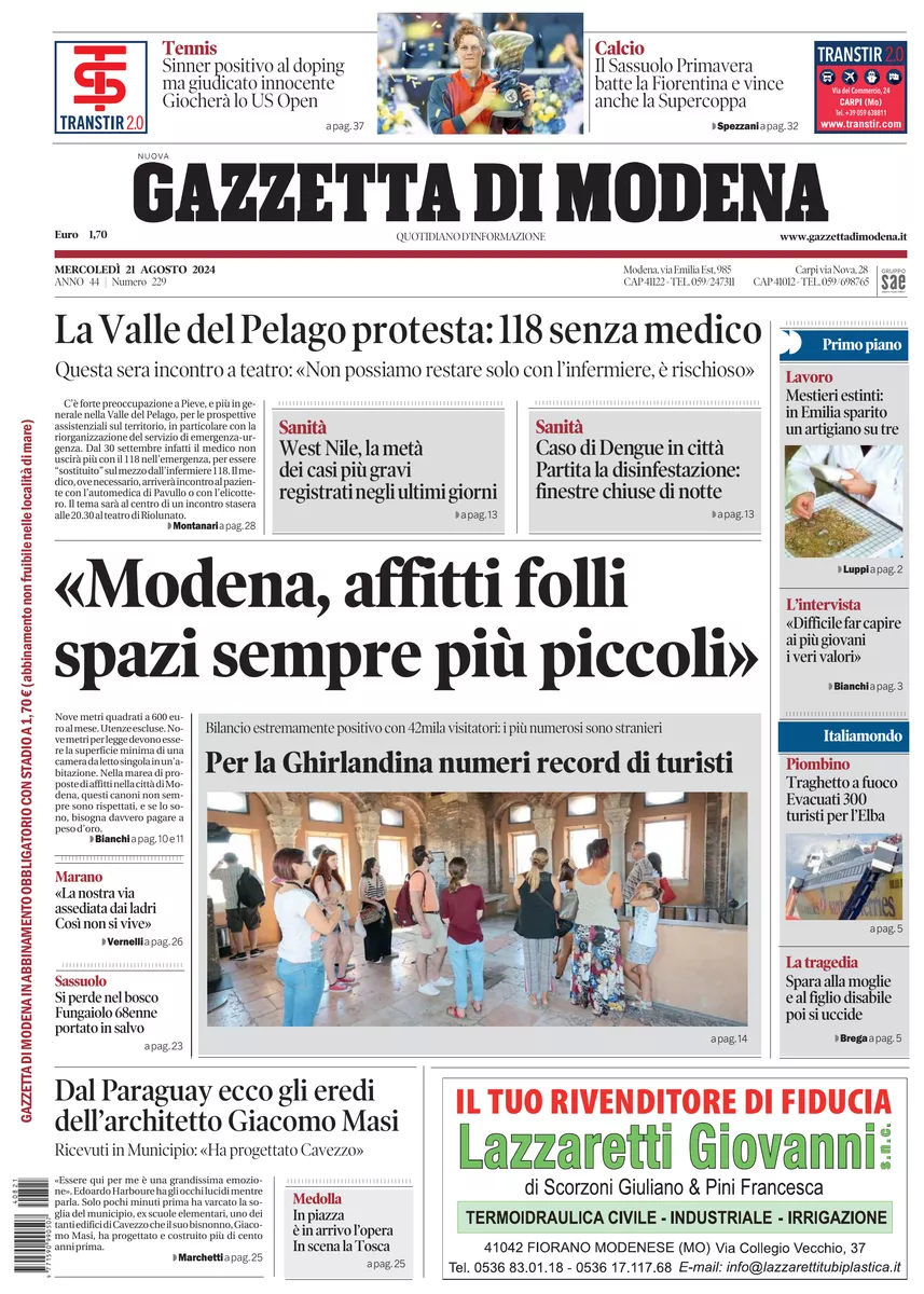 Prima-pagina-gazzetta di modena-oggi-edizione-del-2024-08-21